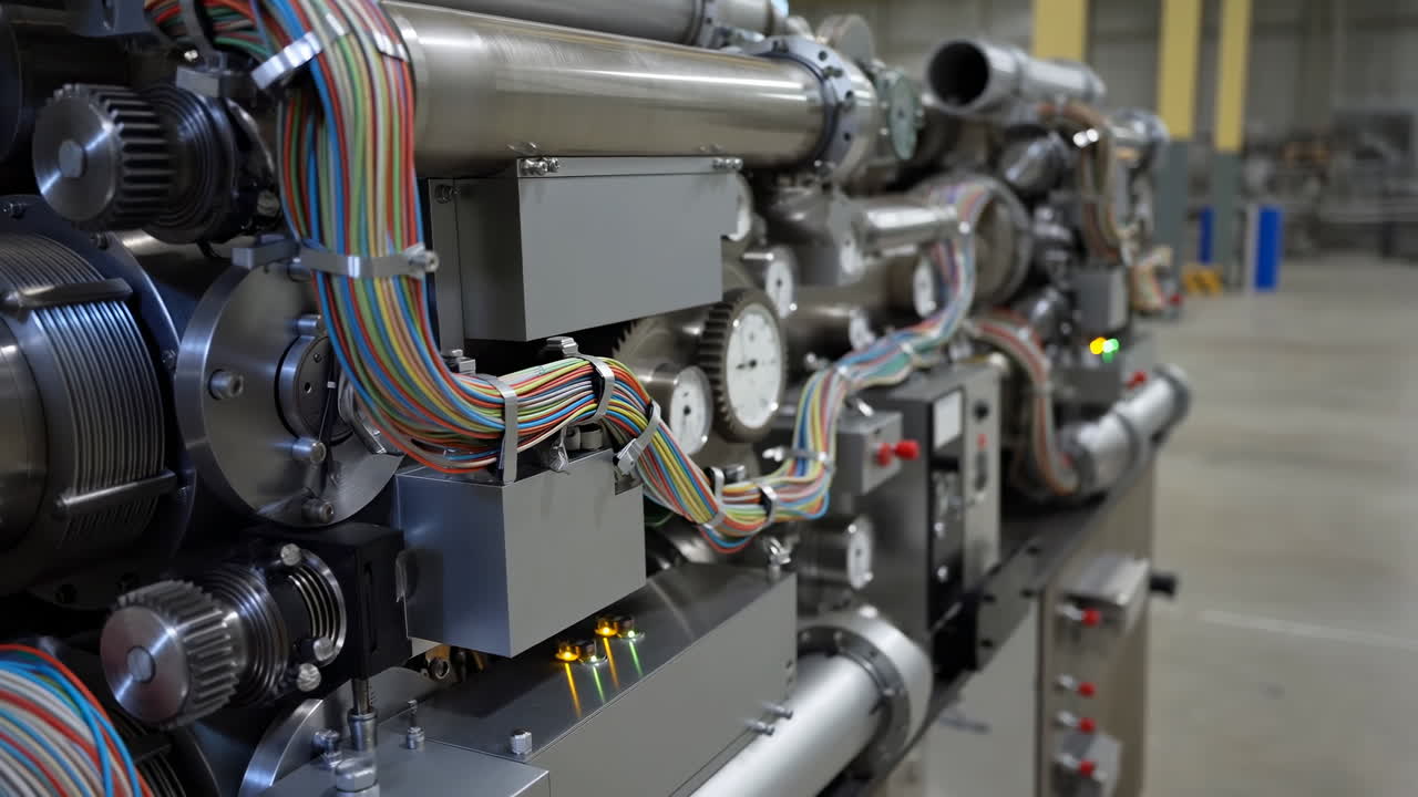 Primo piano gruppo di controllo motore high-tech, cablaggio multicolore drappeggiato su indicatori e pulegge, acciaio inossidabile.