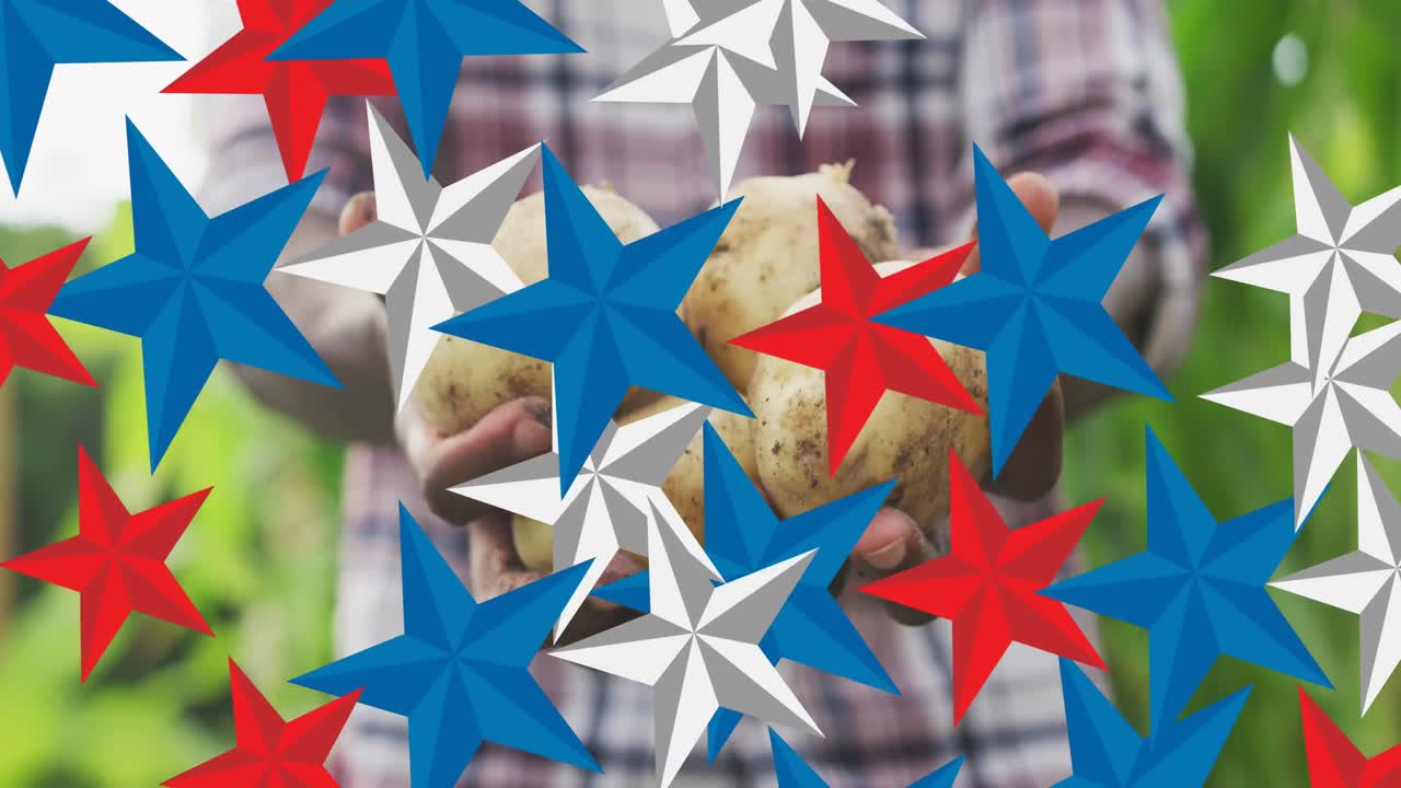 animación de estrellas rojas, azules y blancas sobre un agricultor afroamericano que guarda patatas
