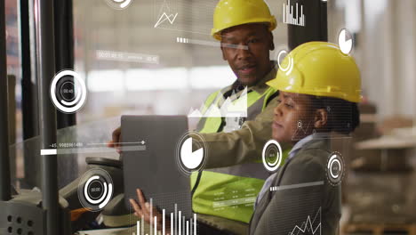 animación del procesamiento de datos financieros sobre diversas personas que trabajan en el almacén