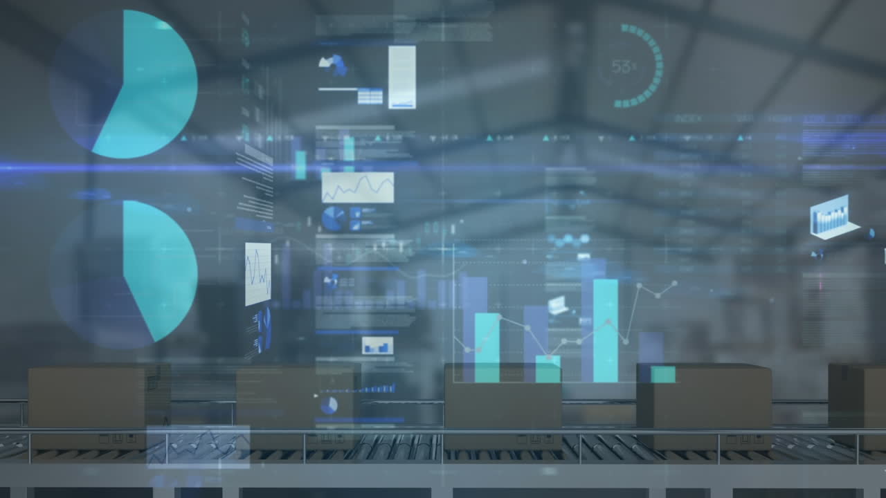 창고에서 컨베이어 벨트에 있는 카드보드 상자 위에서 통계 처리의 애니메이션