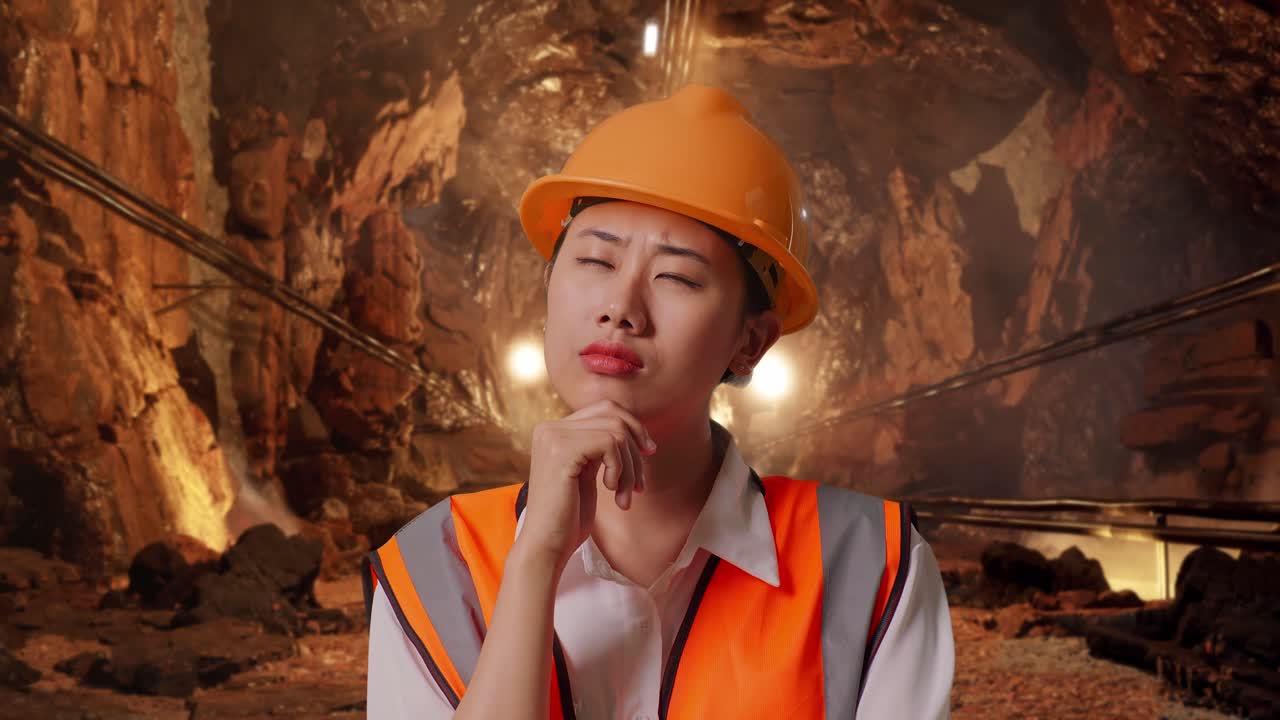 Close Up Of Asian Female Engineer With Safety Helmet Thinking About Something And Looking Around In Underground Mine Tunnel