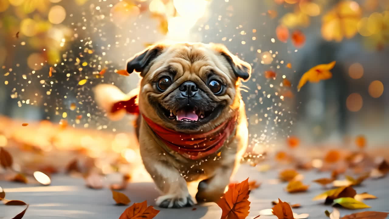 Happy Pug Running Through Colorful Autumn Leaves in a Park. A cheerful pug joyfully dashes through vibrant autumn leaves, enjoying a sunny day in the park.