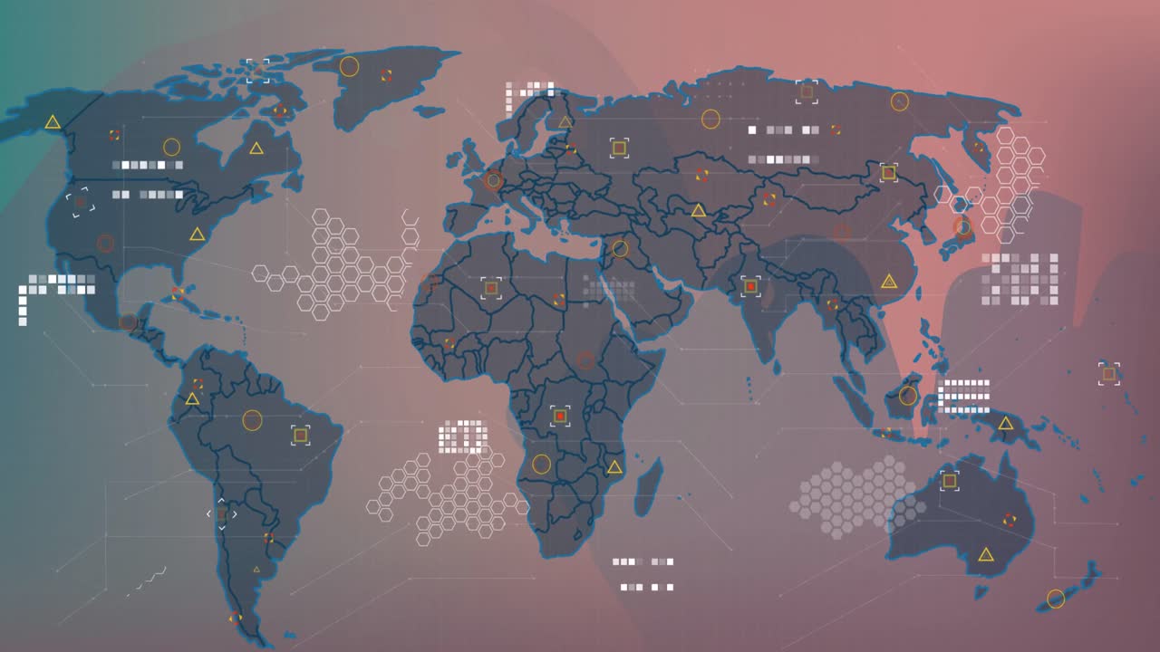 animación del procesamiento de datos y mapa del mundo en fondo gris.