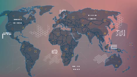 animation of data processing and world map on gray background