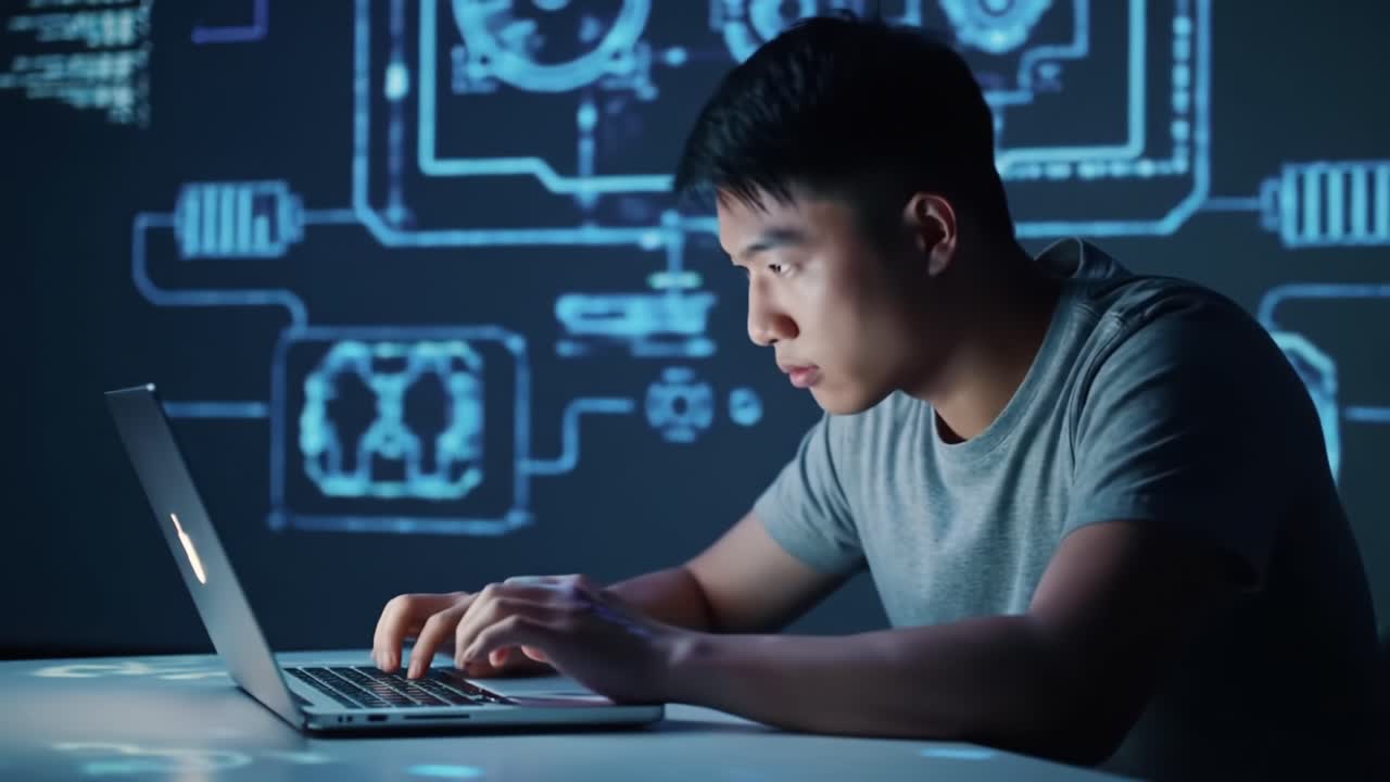 A focused individual engrossed in work on a laptop, illuminated by circuits and code on a backdrop, symbolizing the intersection of technology and modern creativity