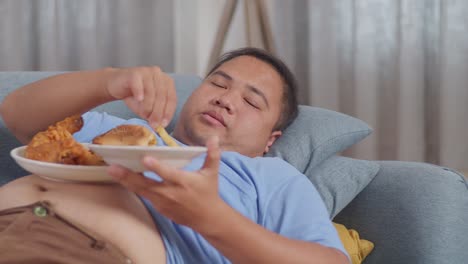 close up of a fat asian man lying on a sofa having french fries with ketchup eating fast food in the living room at home