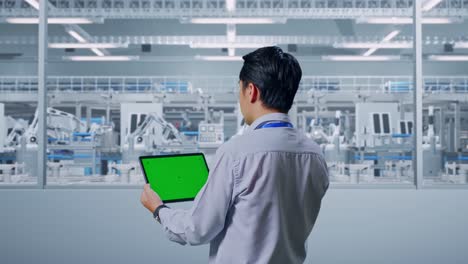 trabajador de la fábrica monitoreando la línea de producción con una tableta