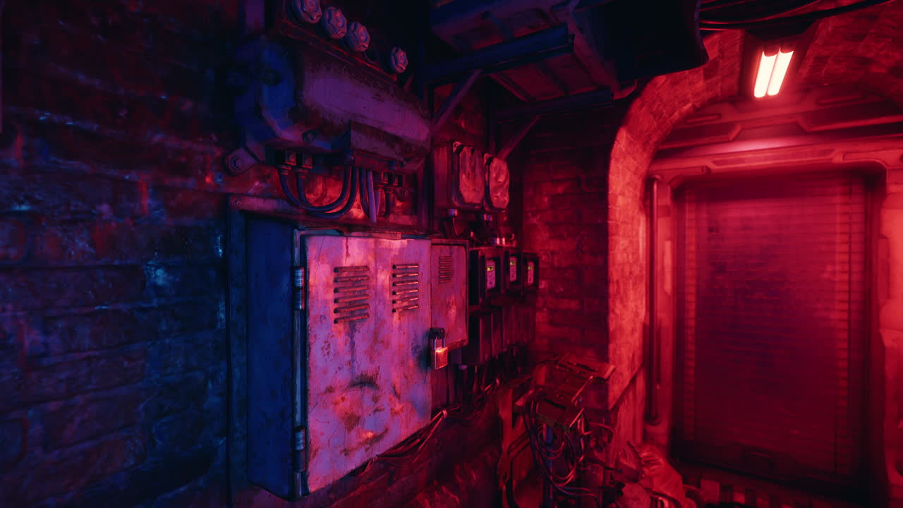 A dark, futuristic industrial room with red lights and a power box