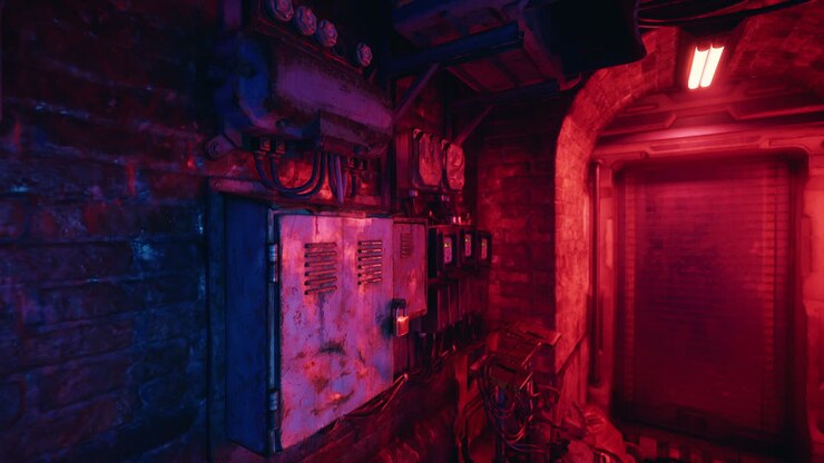 A dark, futuristic industrial room with red lights and a power box