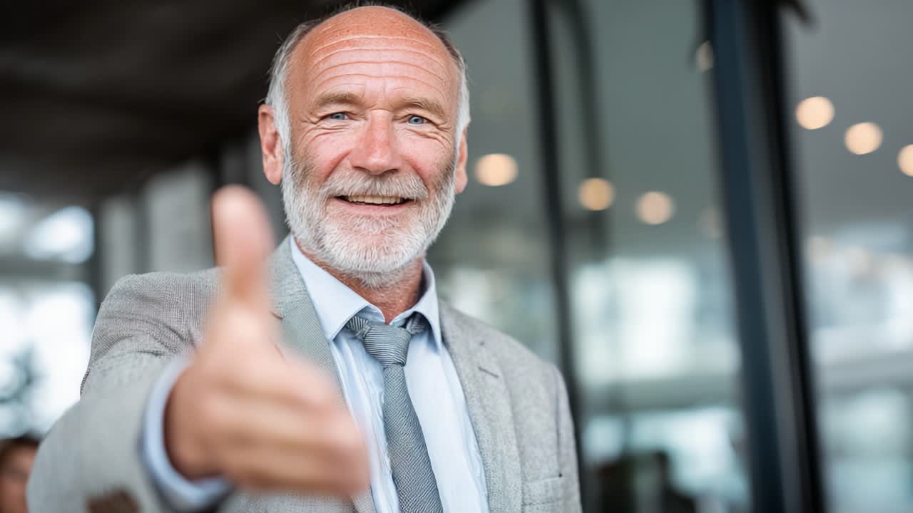 Un caloroso benvenuto: Un anziano con un sorriso amichevole porge la mano per un saluto, catturando l'essenza dell'ospitalità e della connessione nella vita di tutti i giorni
