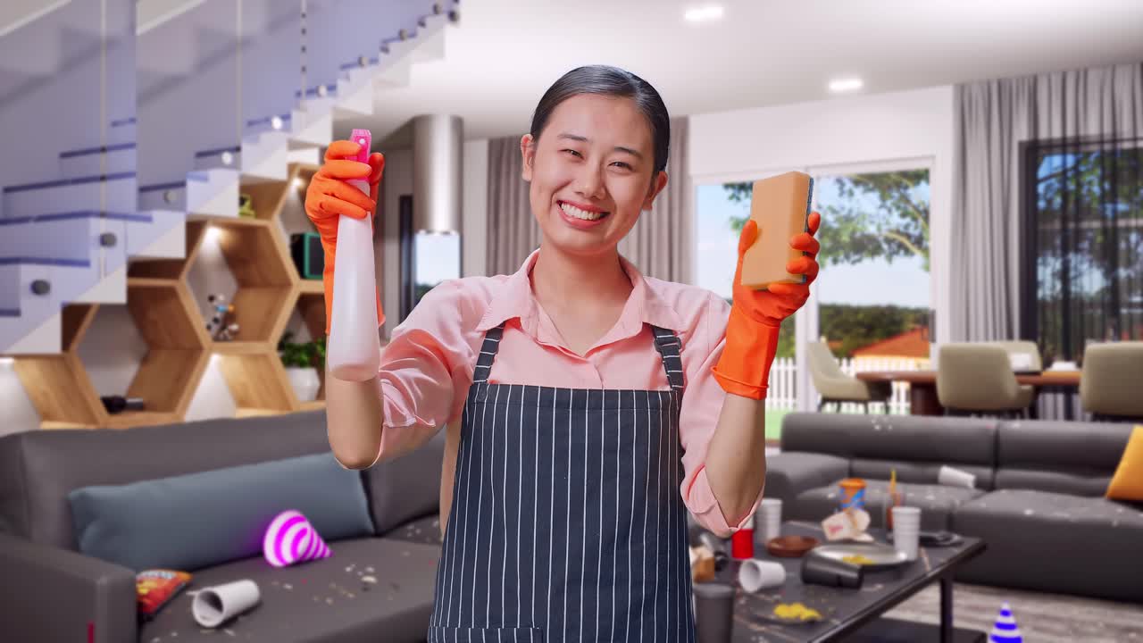 Woman Cleaning a Messy Living Room