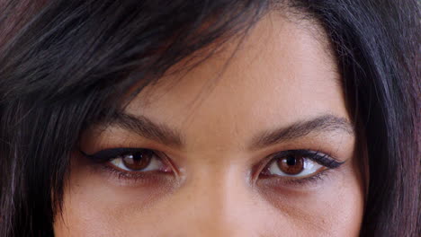 woman, face or angry brown eyes in stress