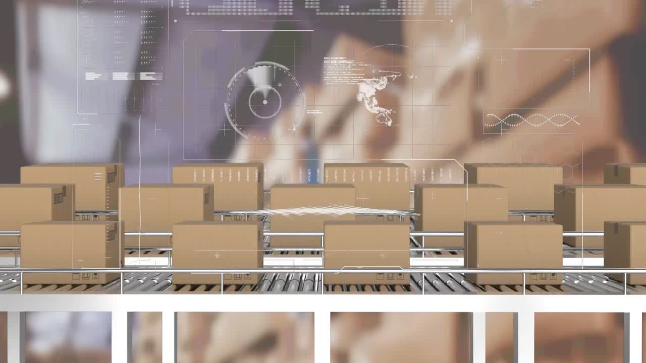 interfaz digital con procesamiento de datos contra múltiples cajas de entrega en cinta transportadora