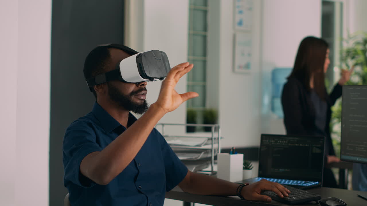 Database admin working with virtual reality glasses to develop server app