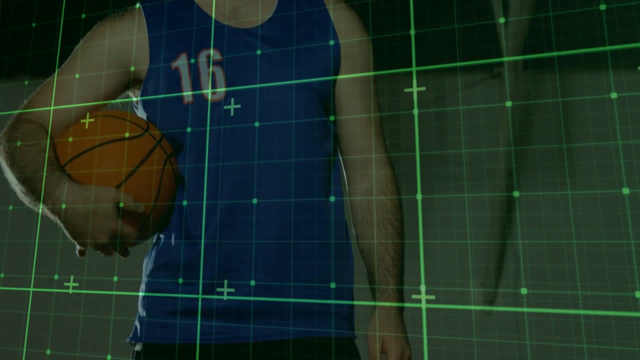 Male player starting dribble, shifting to hold while green grid highlighting motion for sports