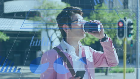 animation of graphs, numbers, asian man crossing street while drinking coffee and using cellphone