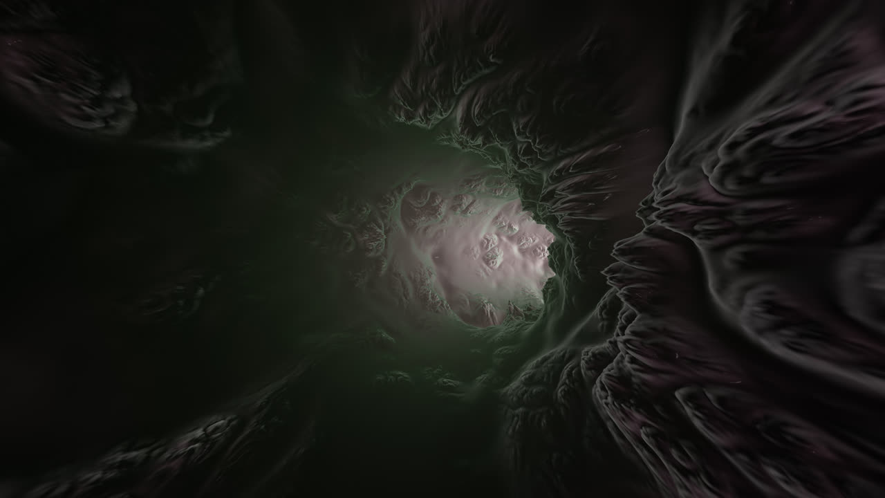 3D-rendering af en eventyrlig underjordisk tunnel, der udforskes mod et mystisk glødende lys