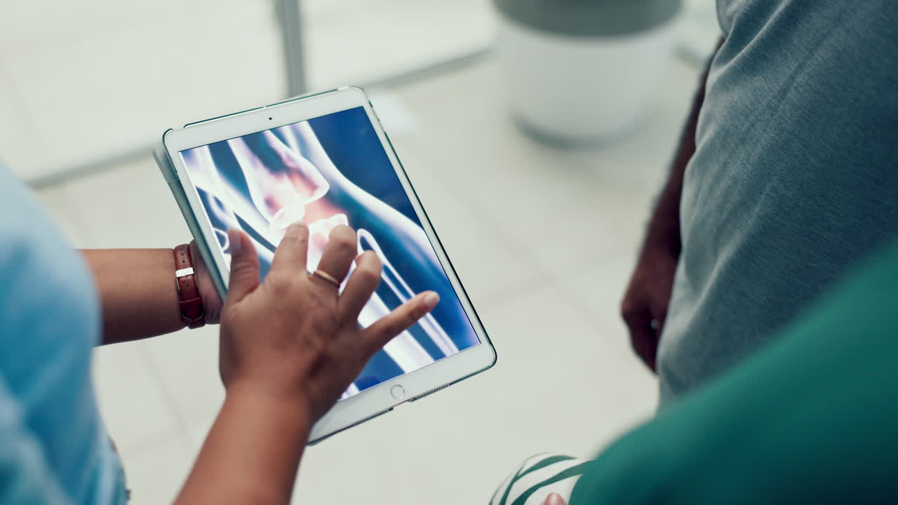 Physiotherapist, results or hands with tablet