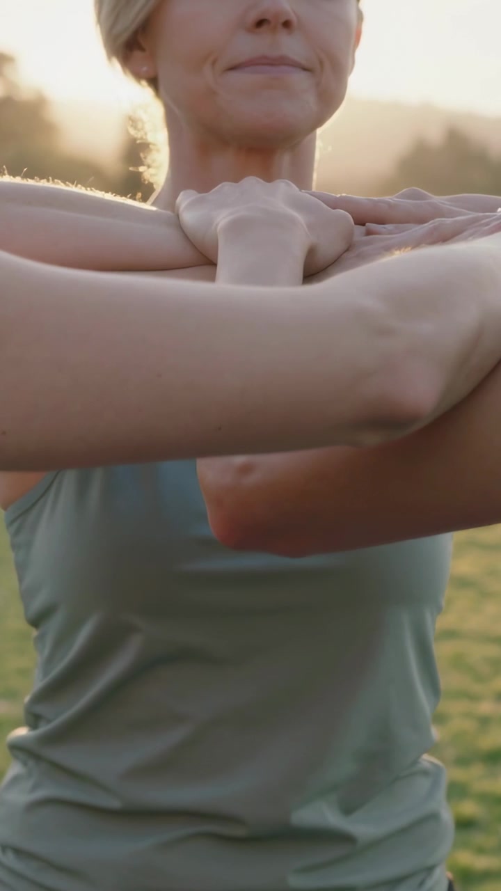 Video vertical: Mujer con los brazos entrelazados estirándose en el césped al anochecer, con leggings y top verde.