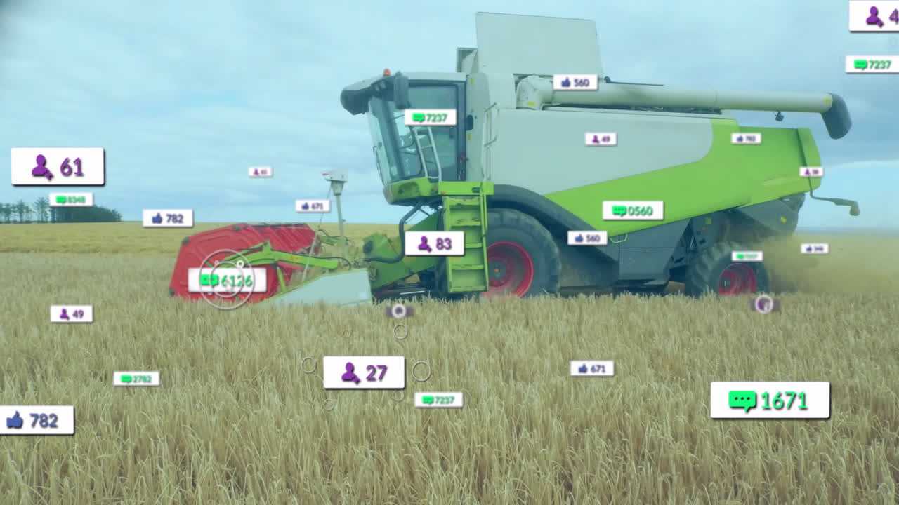 소셜 미디어 상호 작용 애니메이션으로 밀에서 수확기를 결합합니다.