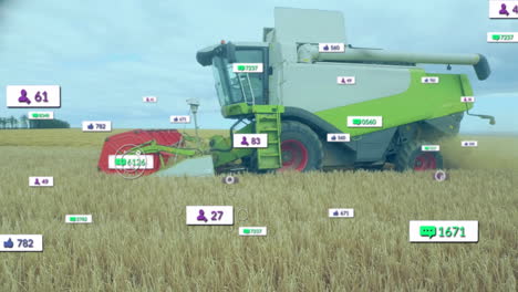 kombinieren sie einen erntefahrzeug in einem weizenfeld mit einer social-media-interaktions-animation darüber