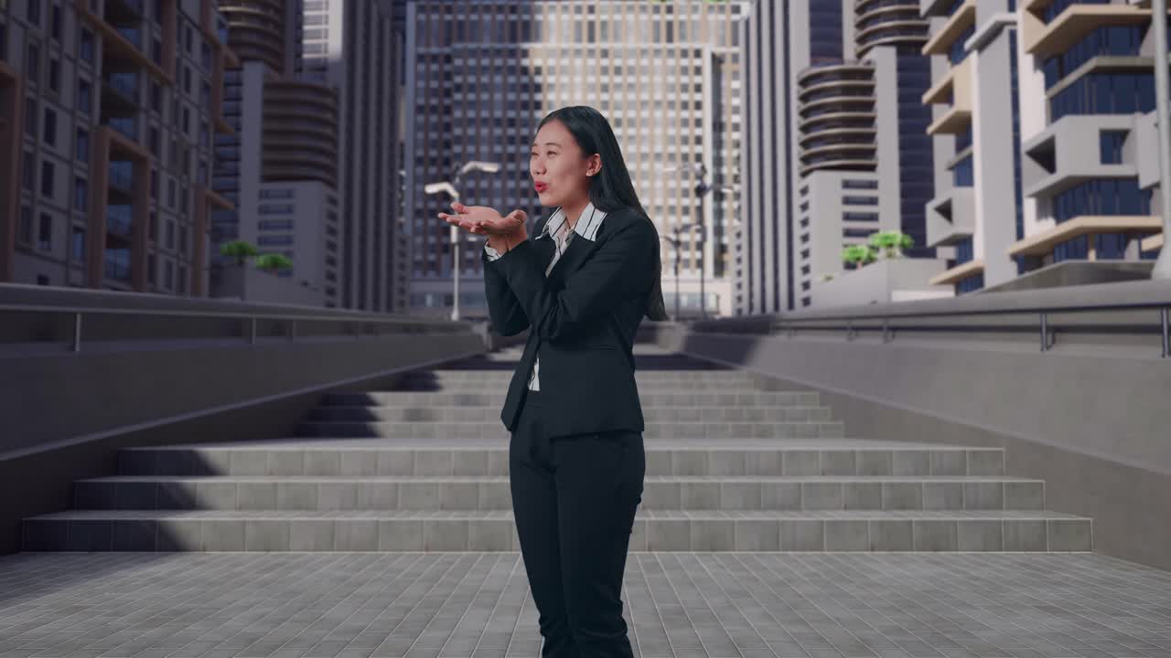 vista lateral de una mujer de negocios asiática soplando besos y sonriendo en la ciudad urbana