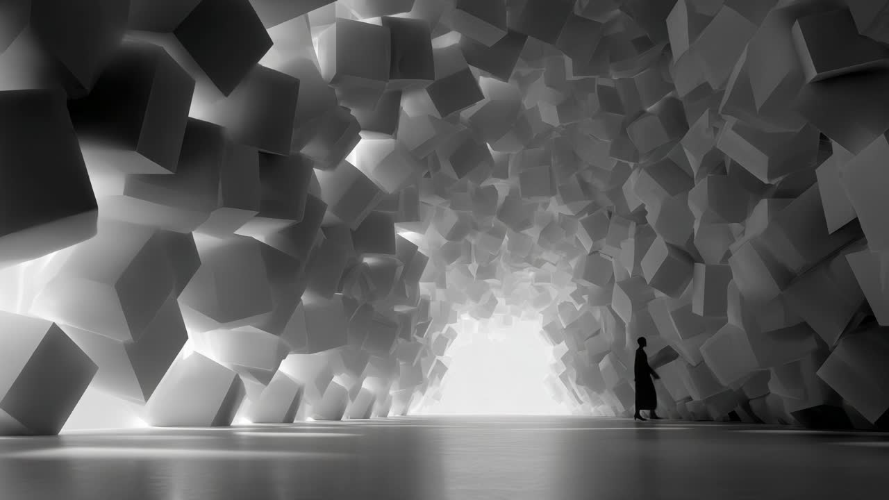 A solitary figure traverses an intricate, abstract corridor filled with a mass of geometric shapes, casting intriguing shadows and reflections, creating a surreal and captivating atmosphere that evokes curiosity
