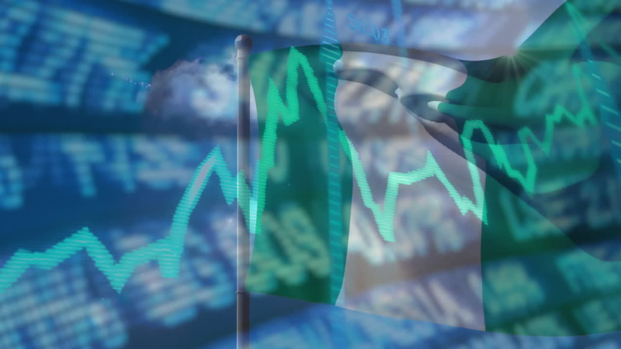 Nigerian flag with animation of stock market data and financial growth chart