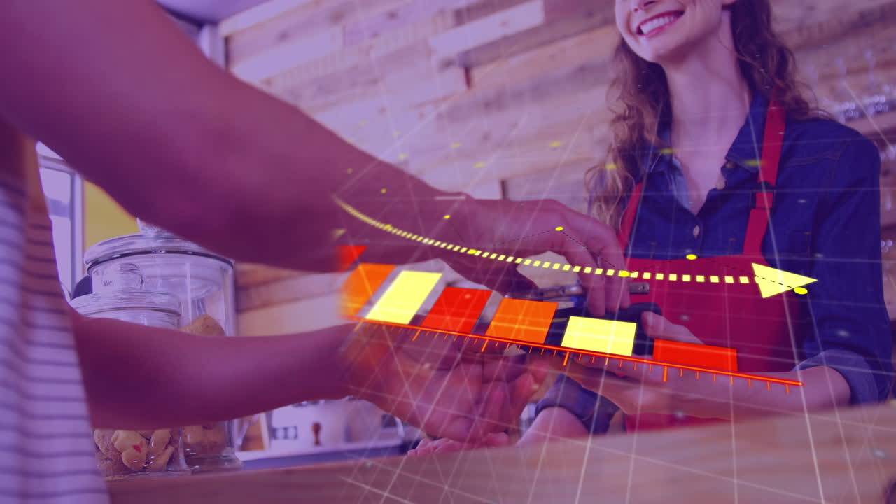 animación del procesamiento de datos financieros sobre personas que utilizan terminales de pago