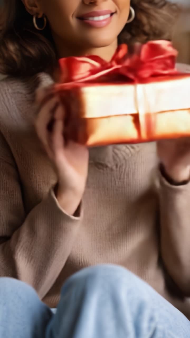 Momento gioioso: Una donna con un maglione accogliente che tiene in mano un regalo con un sorriso caloroso, perfetto per celebrazioni e occasioni speciali.