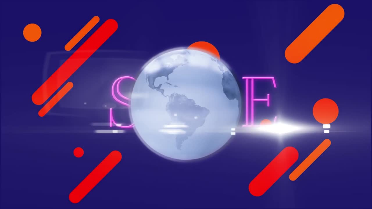 animación del globo, el texto de venta y las formas naranjas.