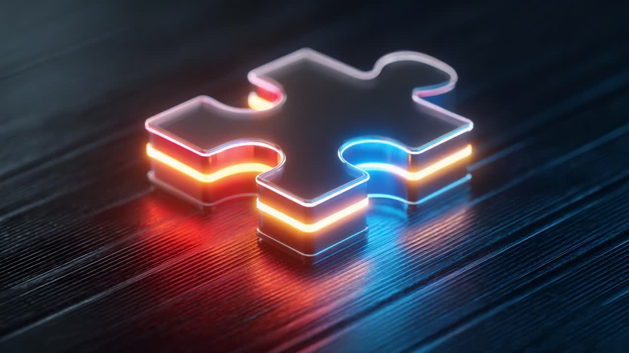 A Vibrant Neon Puzzle Piece Displaying Dynamic Colors and Reflections on Dark Wooden Surface, Symbolizing Problem Solving and Creativity
