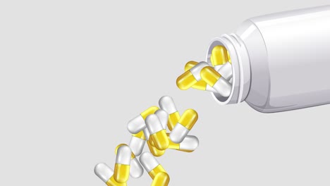 yellow capsules pouring from a white bottle