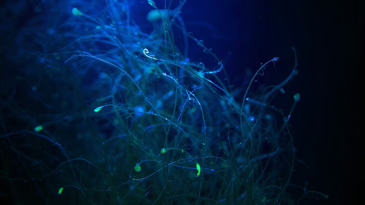 Cambio de enfoque y luz azul que provocan un macro de masa de filamento brillante, puntas verdes, gotitas parpadeantes