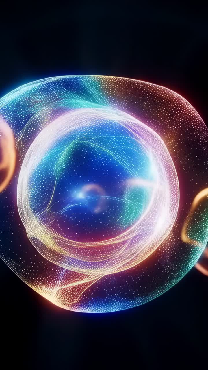 Video verticale: sfera ciano in movimento che causa la fusione di sfere di particelle nello spazio, con anelli orbitanti