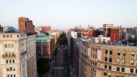 aerial shot up new york city's 116th st. beautiful old apartment buildings near columbia university