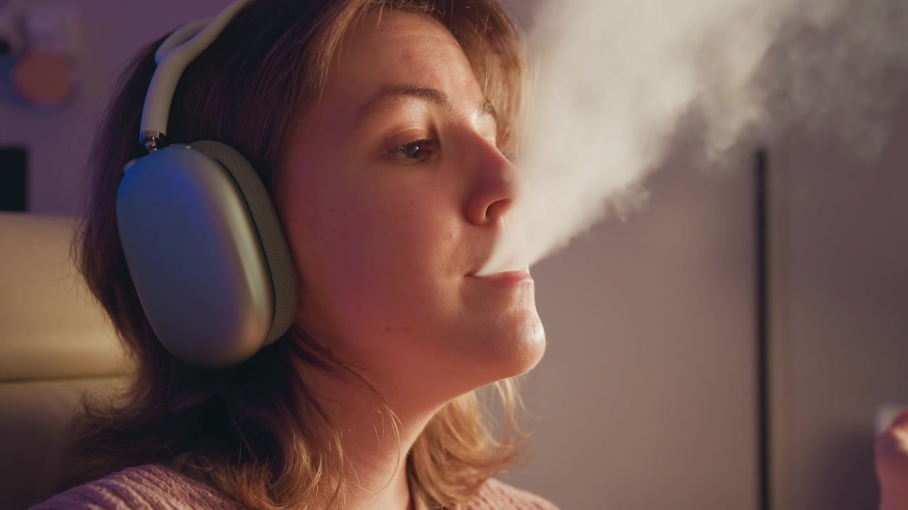 Profilbillede fra skuldrene og op af en ung kvinde iført store over-ear hovedtelefoner, der synger eller taler med et fokuseret, afslappet udtryk; øjnene er delvist lukkede, læberne er let åbne, og hænderne gestikulerer lige uden for billedet.