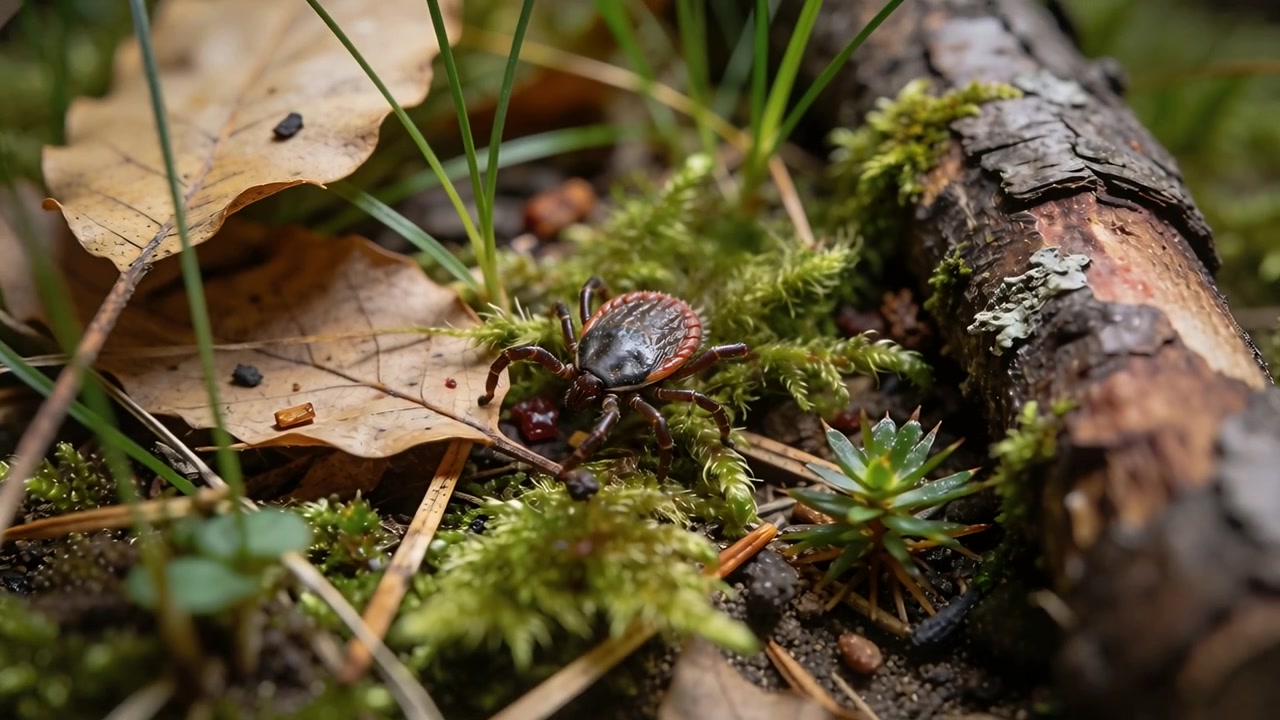 Crawling small tick contacting red fragment, probing moss bed on forest floor for food