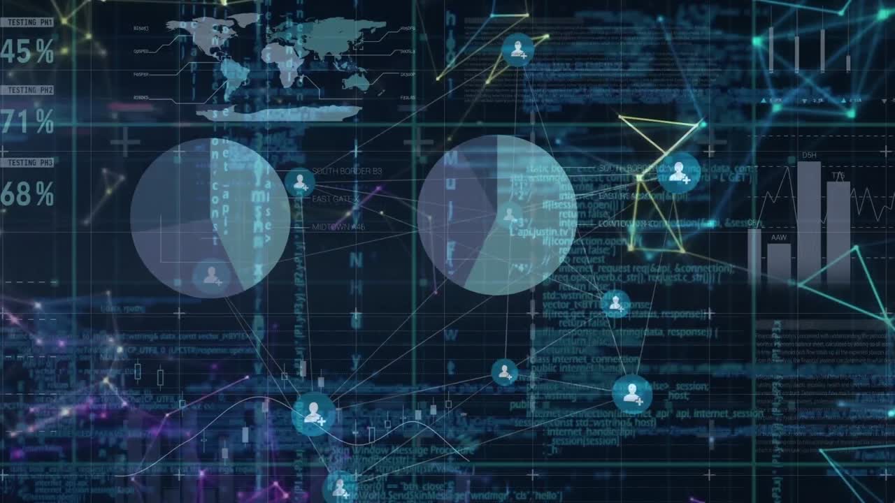 Animation of data processing, network of connections and grid