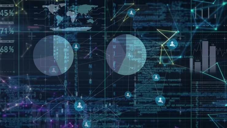 Animation of data processing, network of connections and grid