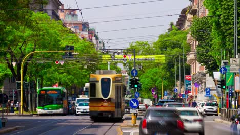 italy milan city sunny day tram traffic street panorama 4k timelapse