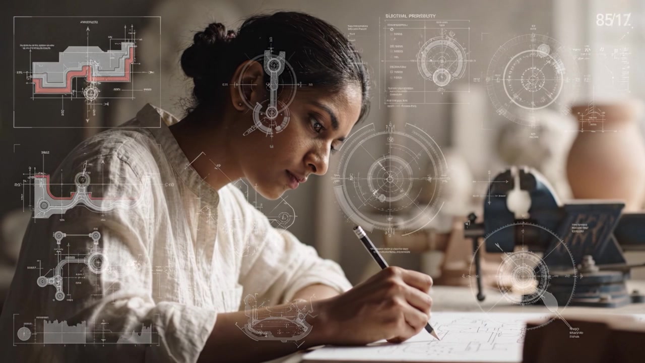 Femme concentrée esquissant des schémas techniques dans un espace de travail créatif avec des artefacts et des outils anciens en arrière-plan, démontrant l'art et la précision