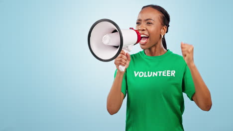 Woman,-volunteer-voice-and-megaphone-for-protest