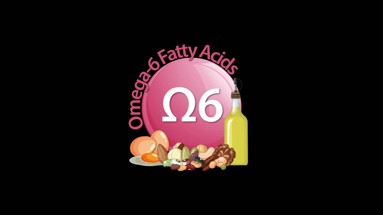 A pink Omega-6 icon animates as food items and oil bottle appear below, with text forming around the icon on a black background