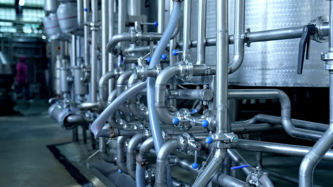 Numerous pipes crossing with each other at modern milk factory enterprise. Pipelines with valves and faucets. Close up with gradual distancing.