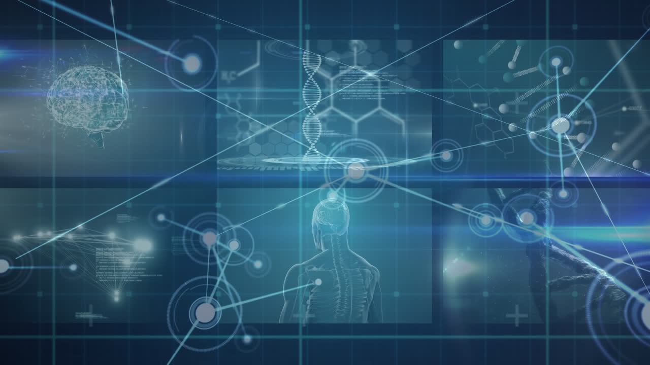 画面の科学データ アニメーション 藍色の背景のdnaと接続