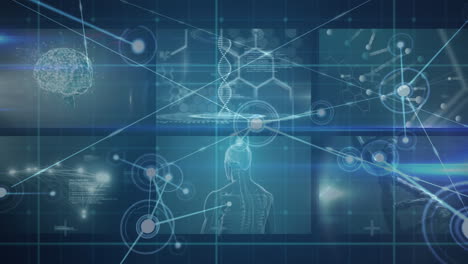 animation of scientific data on screens, dna and connections over blue background