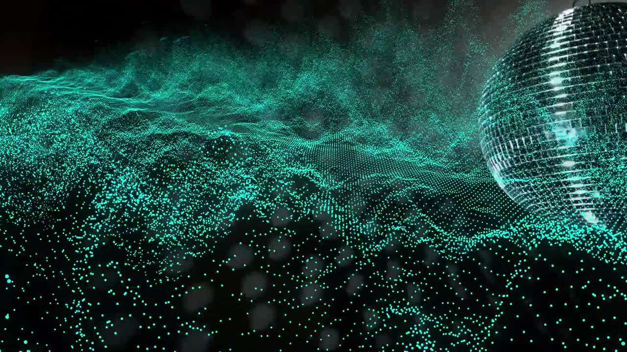 Animation of rotating disco ball and waves on black background