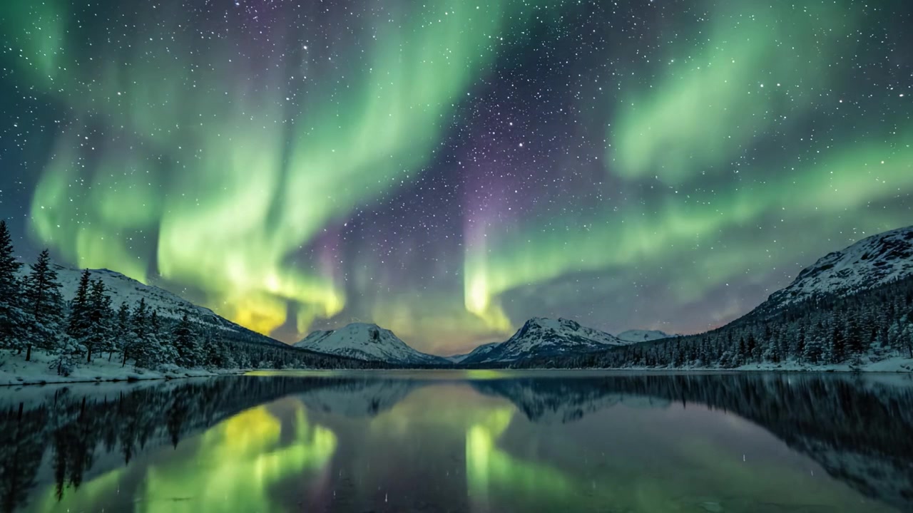Maestose Aurore Boreali Danzano su un Sereno Paesaggio Invernale, Riflettendosi in un Lago Calmo Sotto un Cielo Stellato con Maestose Montagne che Incorniciano la Scena