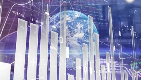 animation of globe, statistics and financial data processing